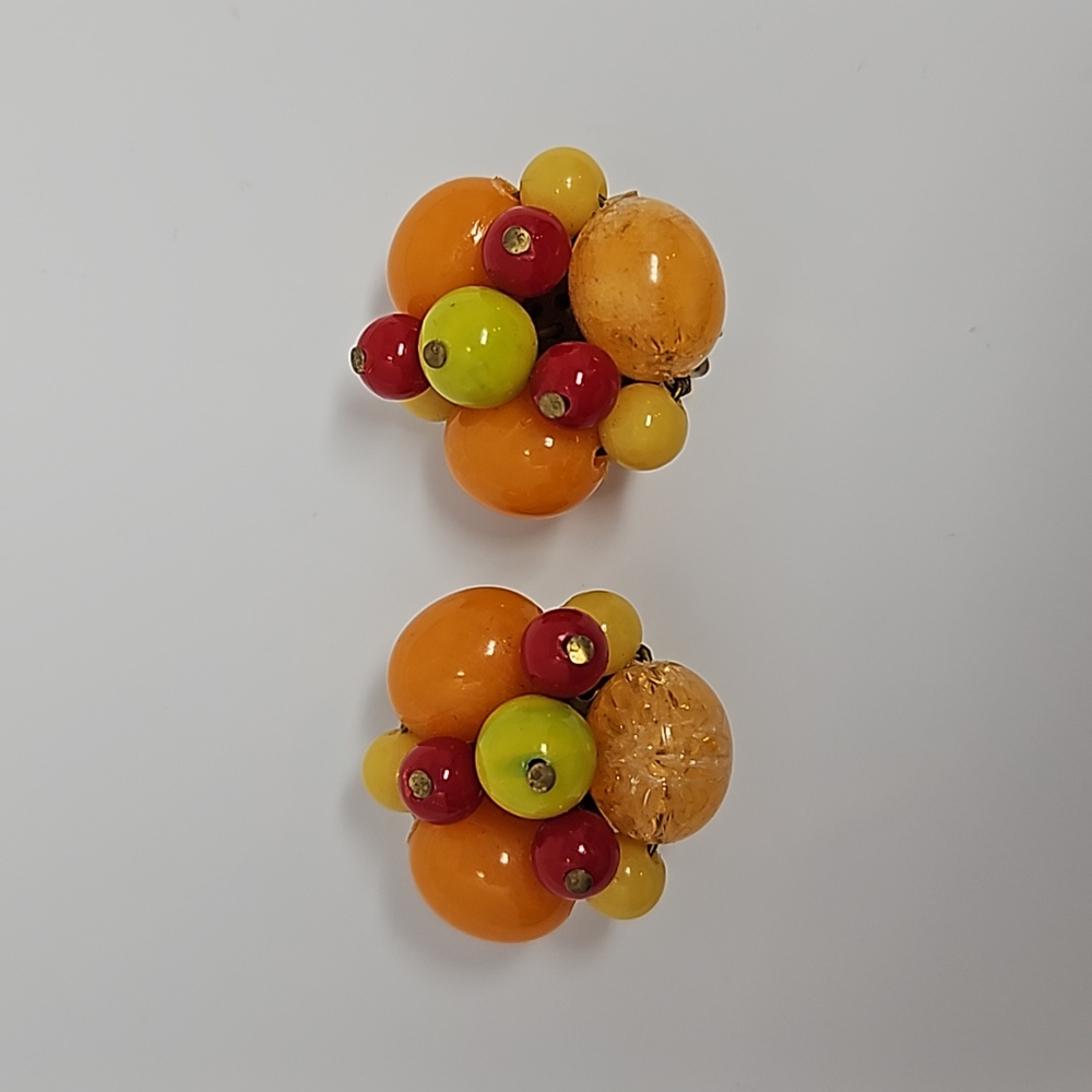 Vintage West Germany Beaded Cluster Clip-On EarringsOrange Red Yellow